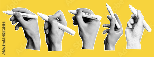 Trendy collage set with hands holding marker on yellow background. Retro dots halftone effect. Vector dots texture.