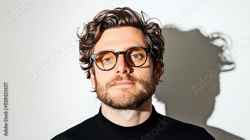 Man with Curly Hair and Glasses: Portrait Photography against a White Wall AI Generated