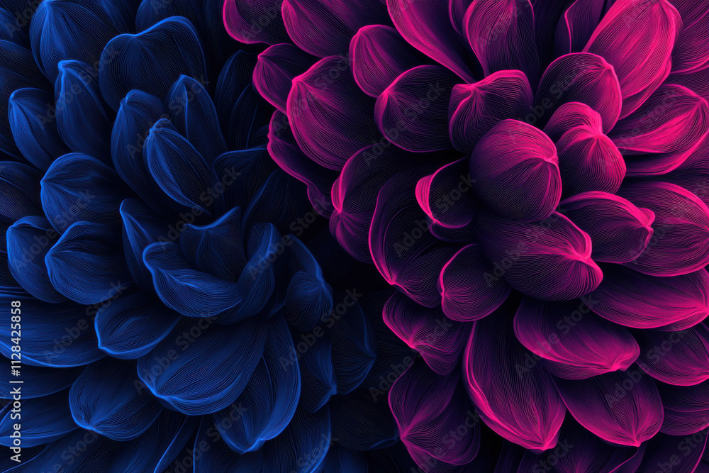 Vibrant floral design with blue and pink petals creating depth and texture Vibrant floral design with blue and pink petals creating depth and texture