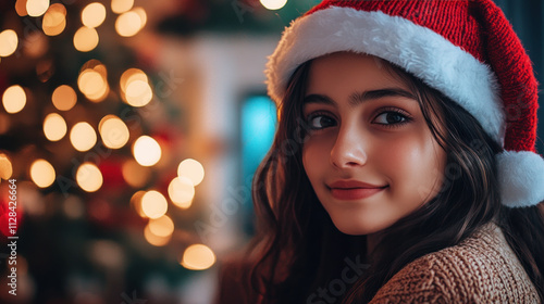Wallpaper Mural Indian teenage girl wearing santa hat in front of christmas tree and fireplace Torontodigital.ca