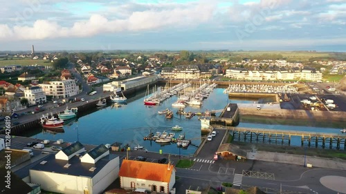 Aerial view of grandcamp city and it's harbour on a cloudy afternoon photo