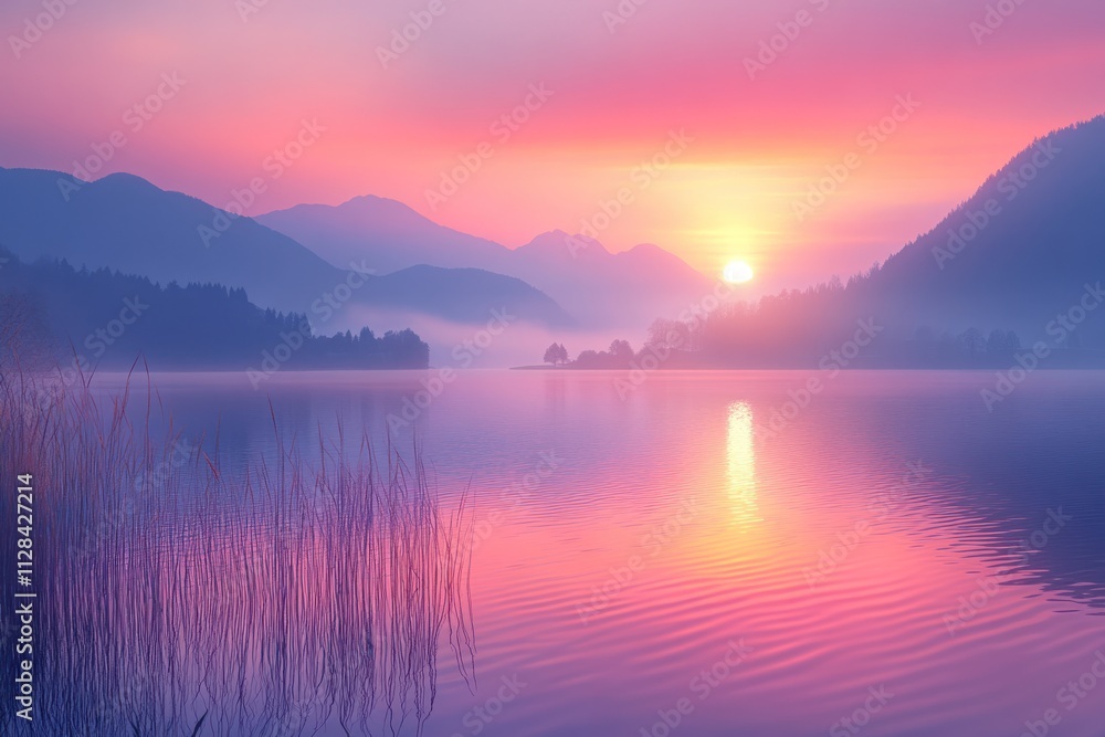 Obraz premium Serene sunrise over a tranquil lake and mountains