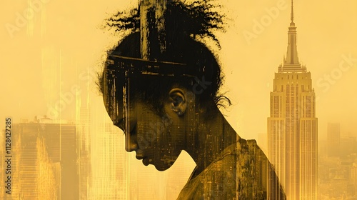 A double exposure photograph, with smoke emerging from behind it and an African American woman