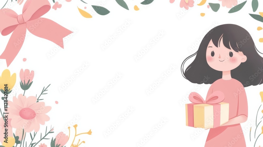 A wide frame background for an advertising banner, with a pink ribbon and a bouquet of flowers on the left side of a white, blank, empty rectangular board A wide frame background for an advertising banner, with a pink ribbon and a bouquet of flowers on the left side of a white, blank, empty rectangular board