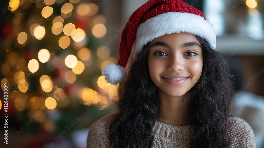 Indian teenage girl wearing santa hat in front of christmas tree and fireplace Indian teenage girl wearing santa hat in front of christmas tree and fireplace