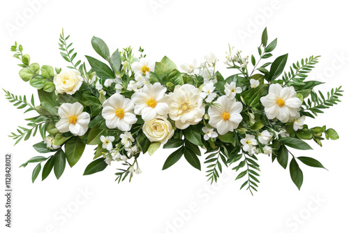 Elegant floral arrangement featuring white blooms and green foliage for decoration or event styling