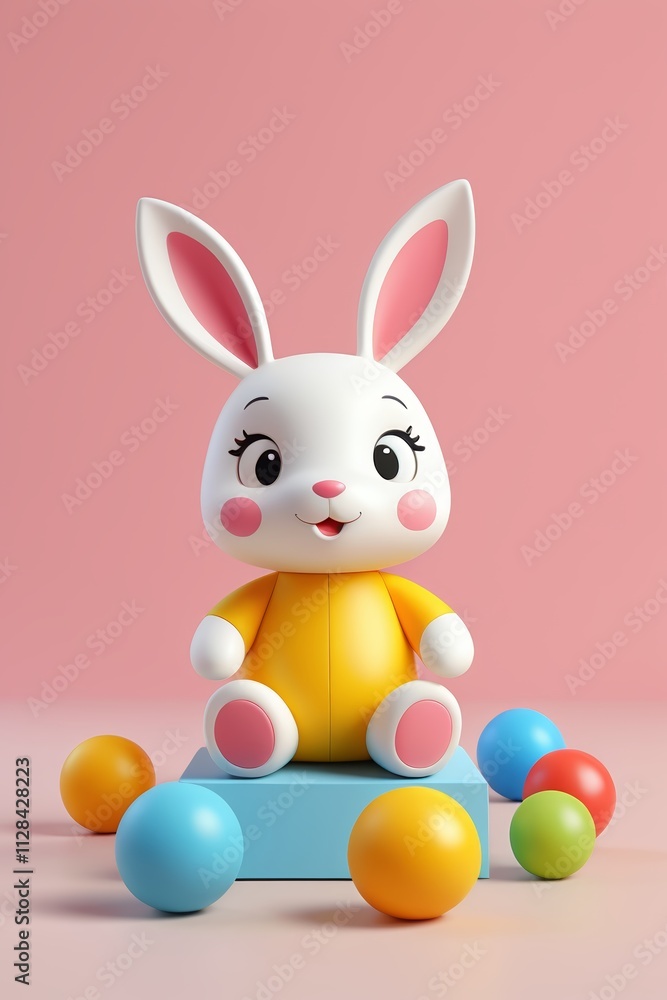 there is a small toy bunny sitting on a box with many balls there is a small toy bunny sitting on a box with many balls