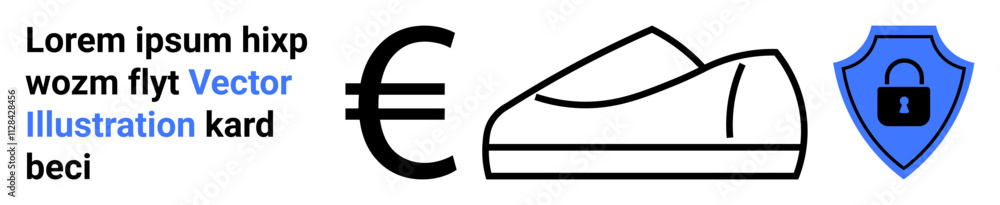 Shoe icon in minimalist line style, large black Euro currency symbol, blue security shield with lock. Ideal for financial security, e-commerce, digital transactions, retail protection, shopping Shoe icon in minimalist line style, large black Euro currency symbol, blue security shield with lock. Ideal for financial security, e-commerce, digital transactions, retail protection, shopping