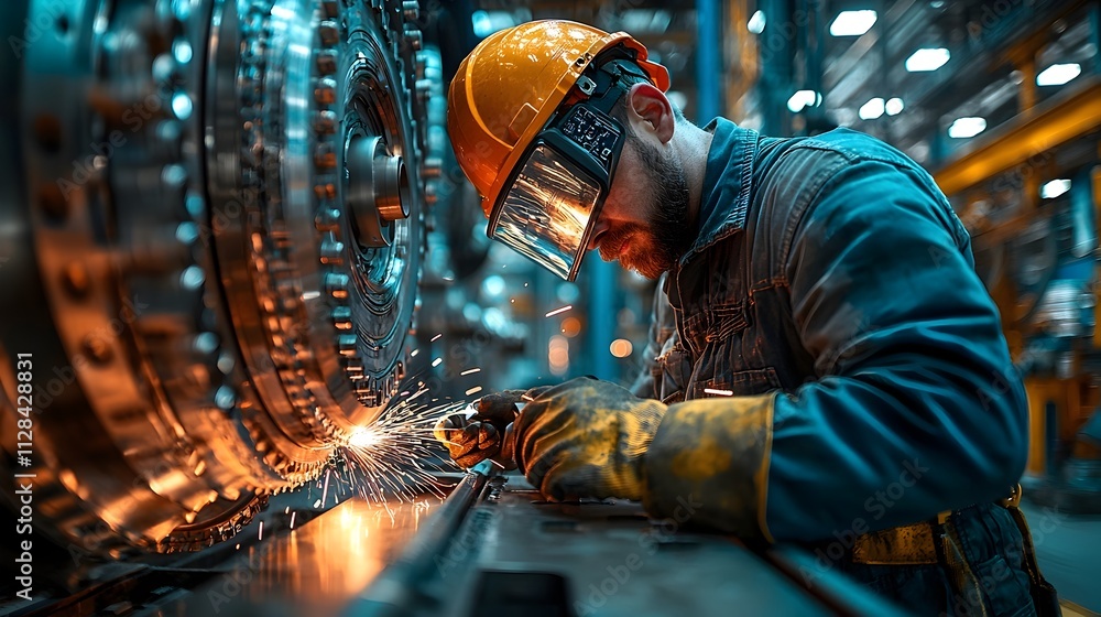Skilled engineer meticulously welding various parts and components of a wind turbine in a high tech state of the art mechanical workshop Skilled engineer meticulously welding various parts and components of a wind turbine in a high tech state of the art mechanical workshop