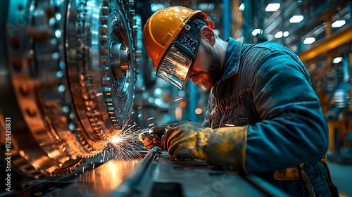 Skilled engineer meticulously welding various parts and components of a wind turbine in a high tech state of the art mechanical workshop