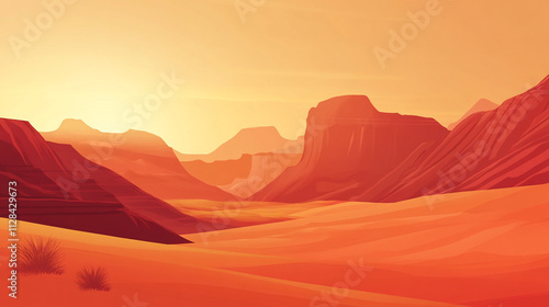 Desert landscape with mountains in the background and a sun setting in the distance. The scene is peaceful and serene, with the orange and red colors of the sky and the sand creating a warm