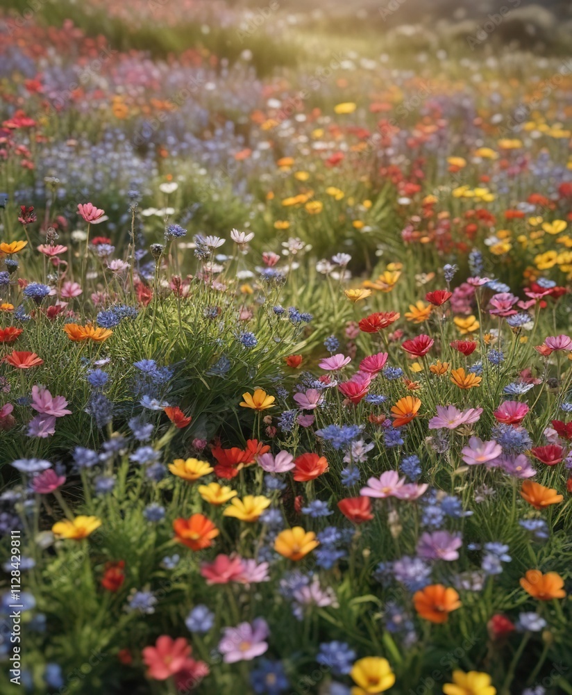 Field of colorful wildflowers swaying gently in the spring breeze, floral field, outdoors Field of colorful wildflowers swaying gently in the spring breeze, floral field, outdoors