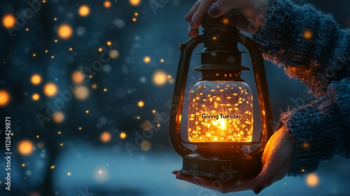 Hands holding a glowing lantern filled with firefly-like sparkles in a wintery night scene. Giving Tuesday concept representing light, hope, and giving. photo