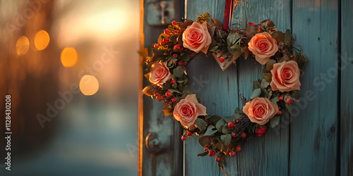 Heart Wreath with Roses on Rustic Door at Sunset