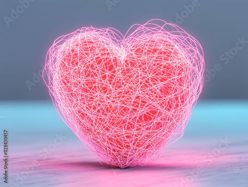glowing heart shape made of tangled pink lines, symbolizing love