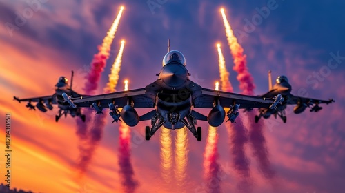 Fighter jets roaring into the sunset while launching rockets creates a breathtaking spectacle, combining themes of power, beauty, and the magnitude of military strength in motion.