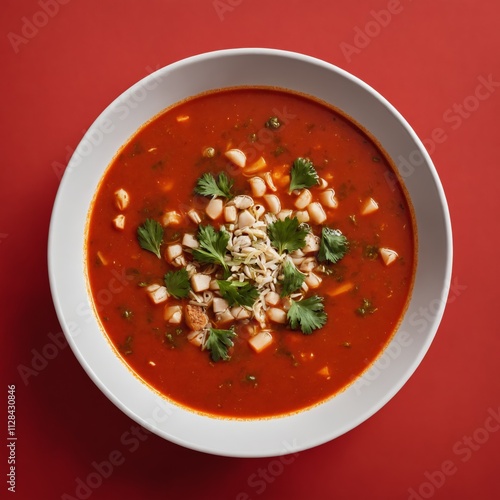 A bowl of tomato soup with white beans and fresh cilantro photo