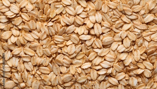A detailed macro view of golden rolled oats, showcasing their texture and patterns, perfect for illustrating natural, organic, and healthy food concepts related to grains, nutrition, and backgrounds