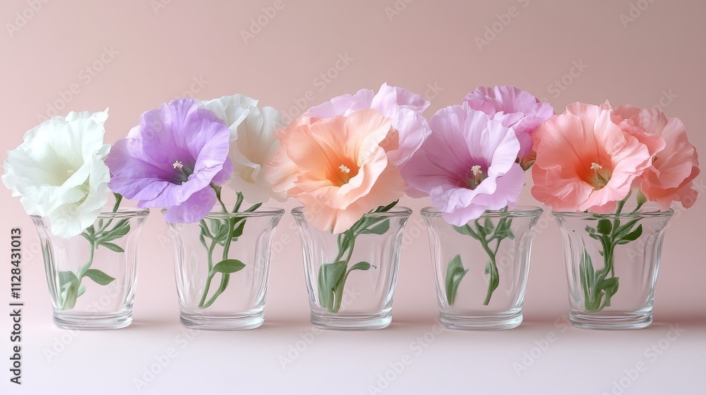 Pastel Petals: A Delicate Arrangement of Eustoma Flowers in Glass Vases Pastel Petals: A Delicate Arrangement of Eustoma Flowers in Glass Vases