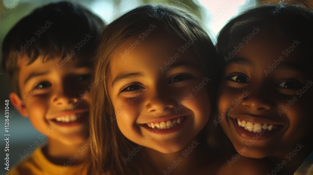 Closeup of three kids, a white girl with a bright smile and long hair, a Black boy with a joyful grin and short hair Closeup of three kids, a white girl with a bright smile and long hair, a Black boy with a joyful grin and short hair