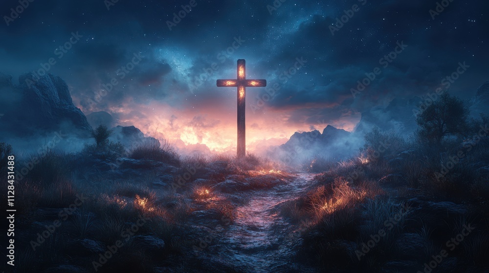 cross with shroud in the night sky rendering computer digital drawing cross with shroud in the night sky rendering computer digital drawing