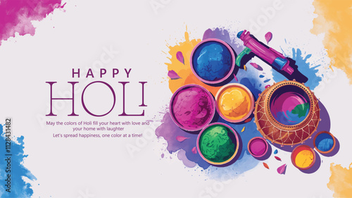 Holi celebration illustration featuring bowls of vibrant powder and a festive greeting message, symbolizing joy, happiness, and cultural festivity associated with this traditional festival.
