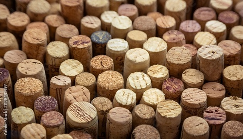 A detailed view of numerous wine bottle corks displayed together, showcasing natural materials and textures. Perfect for themes of recycling, winemaking, and unique patterns. Background