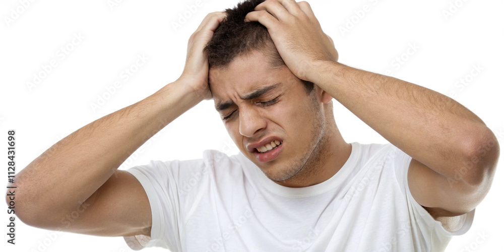 Stressed Young Man Gripping His Head in Agony isolated on white Stressed Young Man Gripping His Head in Agony isolated on white