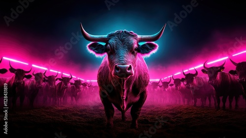 A captivating scene of a herd of cows showcases a vivid juxtaposition of neon lighting and natural elements, blending traditional agriculture with modern artistry. photo