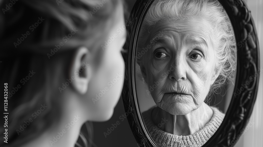 Young Girl Gazes Into Mirror, Encountering the Reflection of Her Older Self in a Moment of Connection Across Generations