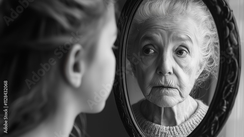 Obraz na płótnie Young Girl Gazes Into Mirror, Encountering the Reflection of Her Older Self in a Moment of Connection Across Generations w salonie
