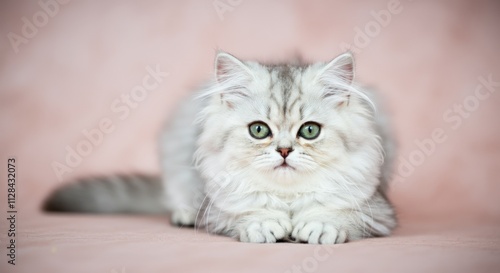 Wallpaper Mural Adorable persian kitten with fluffy fur lying on pink background Torontodigital.ca
