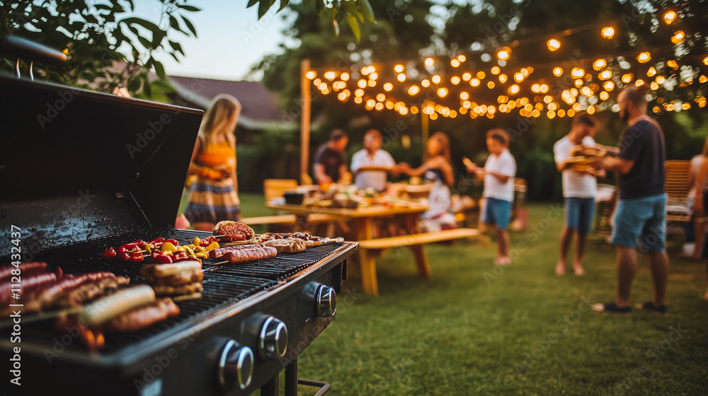 Joyful Backyard Barbecue Celebration With Family Enjoying Delicious Food and Laughter Under String Lights