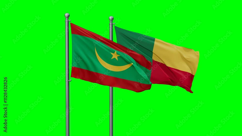 Mauritania and Benin flags flying together, video concept of the relationship with colored chroma key for easy background remove Mauritania and Benin flags flying together, video concept of the relationship with colored chroma key for easy background remove