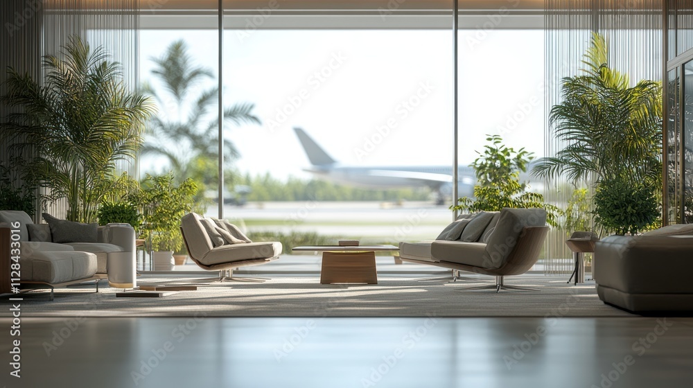 Fototapeta premium Luxury Airport Lounge: Modern Interior Design with Airplane View