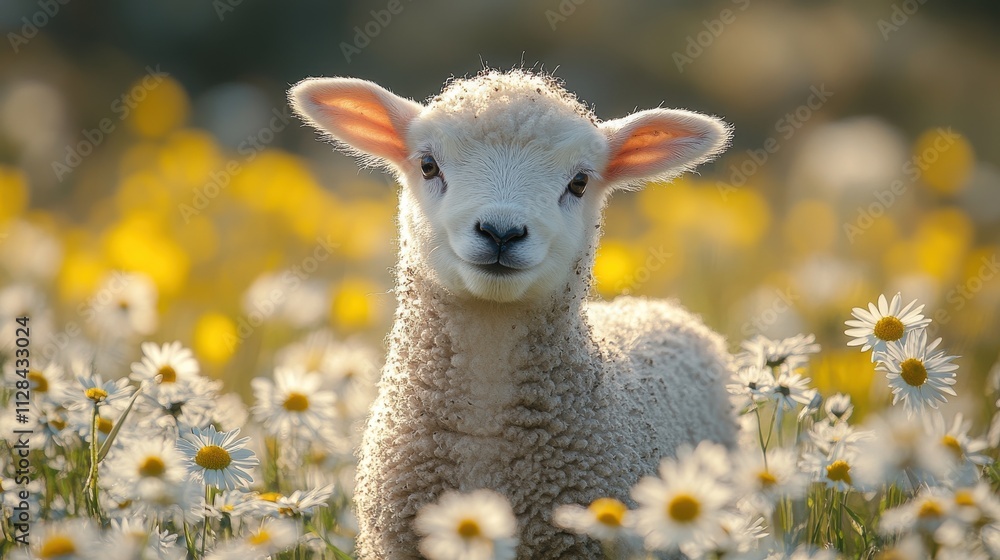 Obraz premium cute lamb in a field of daisies on a sunny day