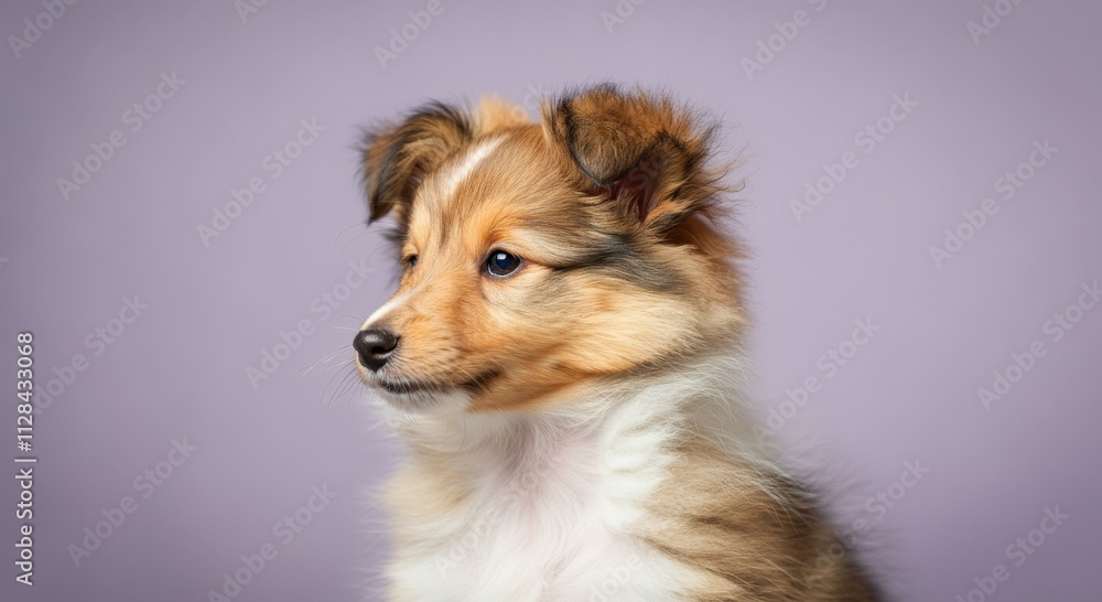 Adorable shetland sheepdog puppy against soft purple background for animal lovers Adorable shetland sheepdog puppy against soft purple background for animal lovers