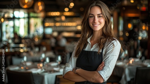 A confident female restaurateur overseeing a busy evening service in a stylish dining space Her professional yet approachable demeanor ensures smooth operations 