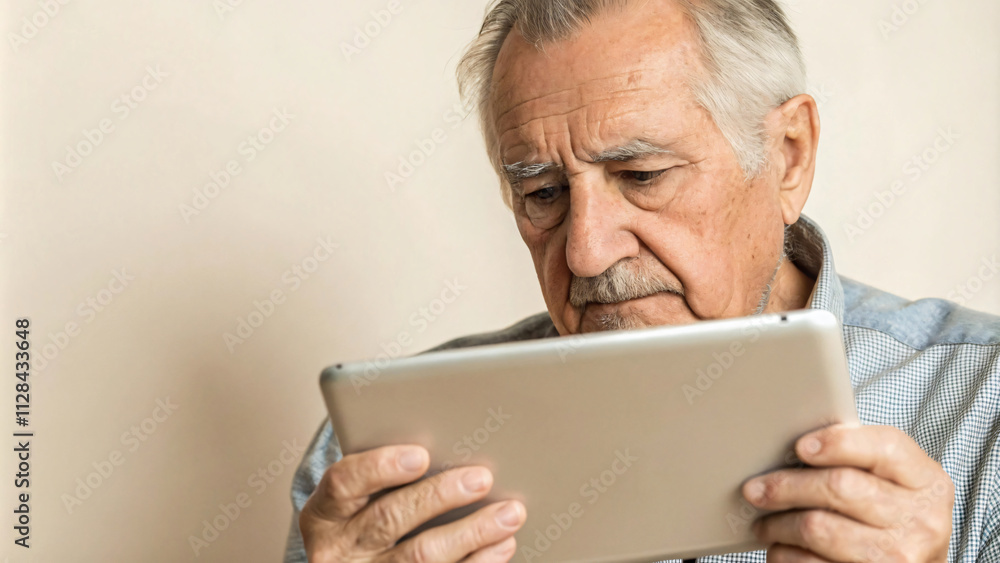 elderly man using tablet, focused and engaged with technology elderly man using tablet, focused and engaged with technology