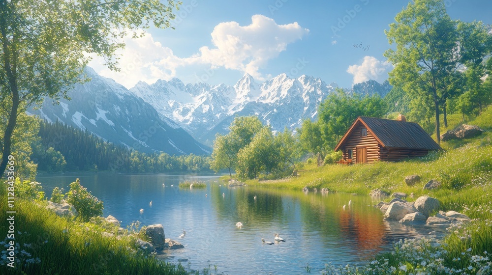 Fototapeta premium Serene Mountain Lake Cabin Escape