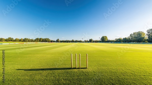 A tranquil outdoor cricket pitch with a well-maintained surface and clear boundary lines, surrounded by open fields and a bright blue sky, early afternoon light creating a serene atmosphere photo