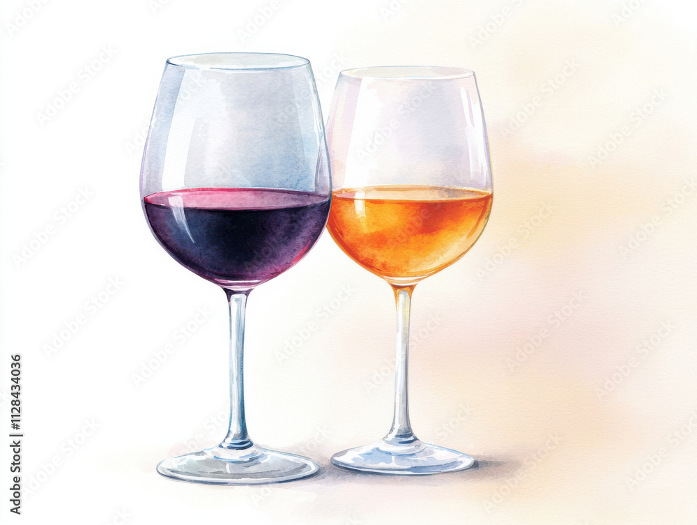 Elegant wine glasses showcasing red and white wine in watercolor style Elegant wine glasses showcasing red and white wine in watercolor style