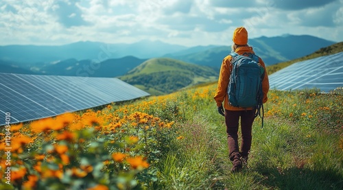Person hiking amidst blooming wildflowers near a solar farm in mountainous terrain.