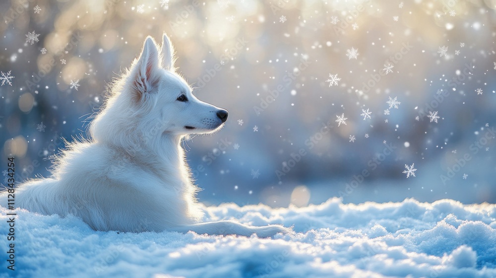 White Dog in Winter Wonderland: A Serene Snow Scene White Dog in Winter Wonderland: A Serene Snow Scene