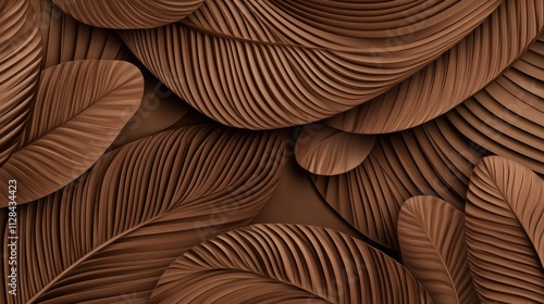 Abstract pattern of tropical palm leaves in Mocha Mousse texture. Chocolate or brown background in thendy Color of the year 2025