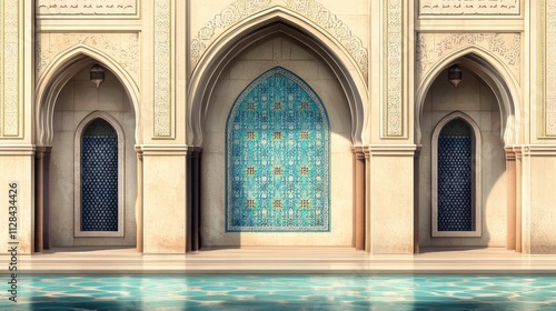 Stunning Architectural Design of a Mosque with Turquoise Tiles and Reflecting Pool photo