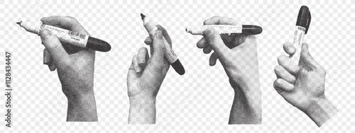 Set of hands holding marker on transparent background. Vintage halftone stipple effect. Trendy retro style