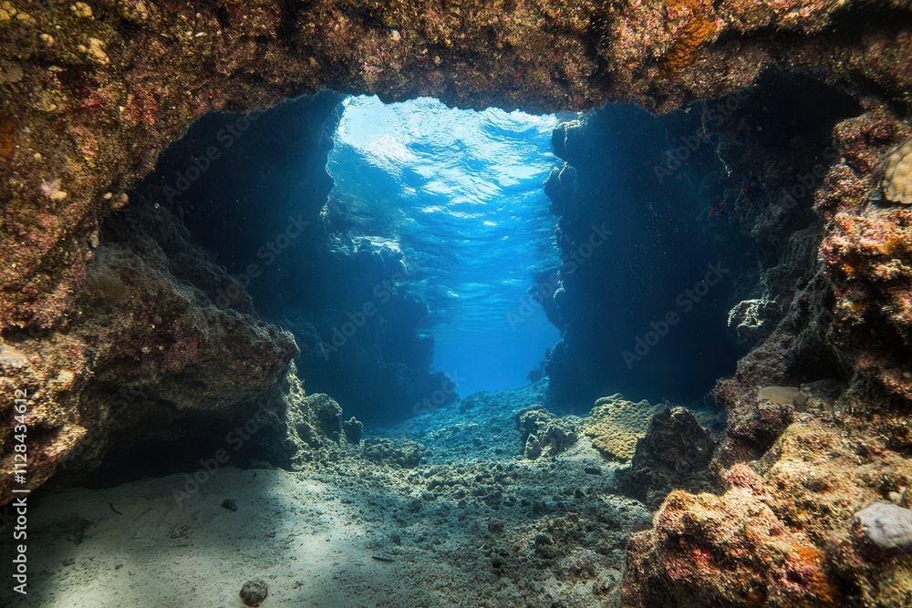 Obraz premium Underwater cave with sunlight filtering through water.