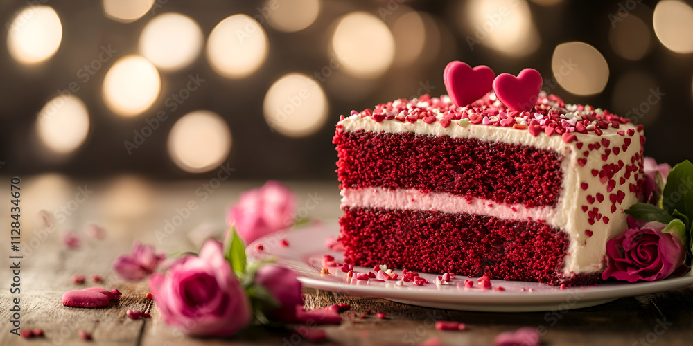 Slice of Red Velvet Cake with Heart Decorations Slice of Red Velvet Cake with Heart Decorations
