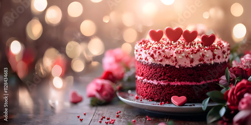  Slice of Red Velvet Cake with Heart Decorations